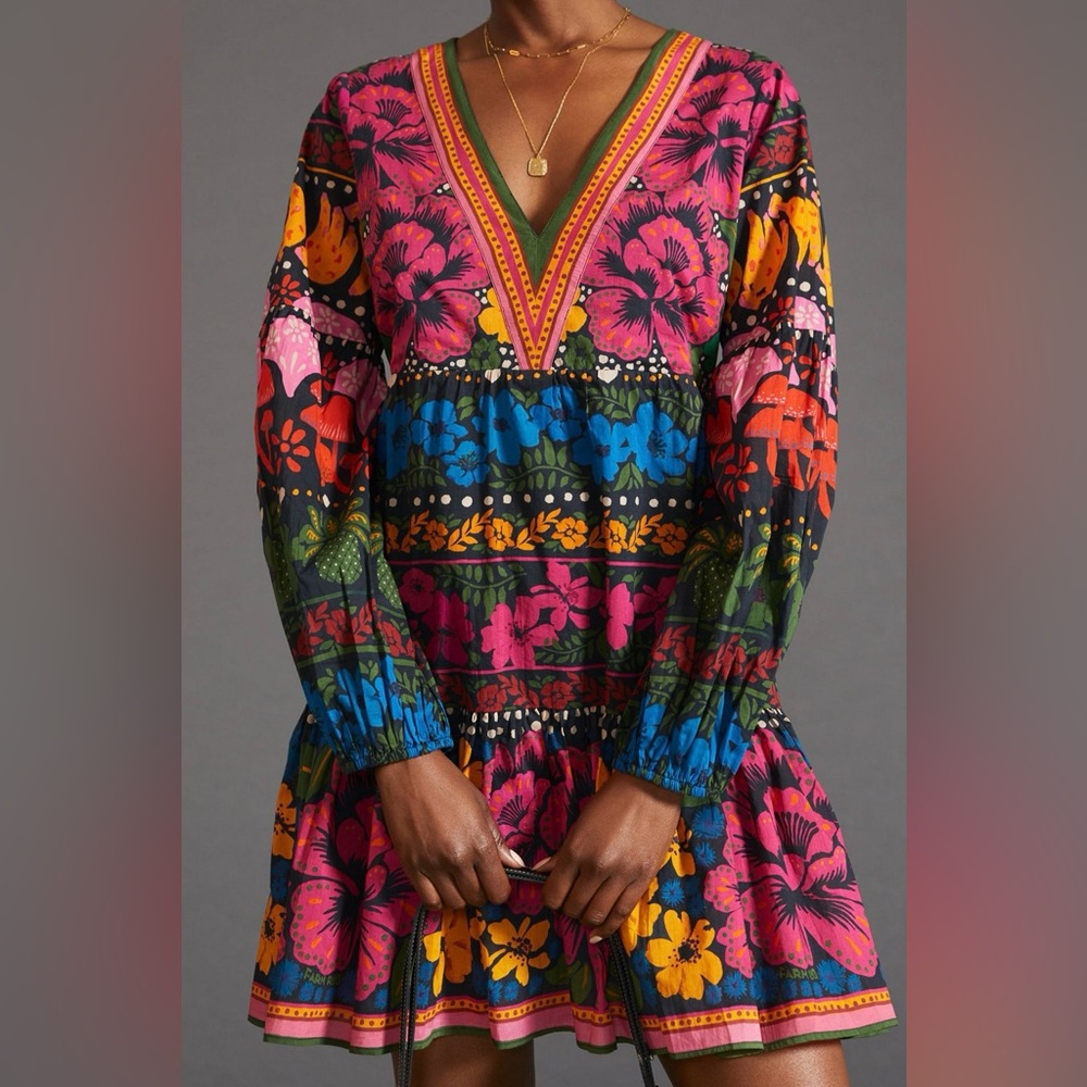 Farm Rio for Anthropologie Bright Floral Tunic Mini Dress Size Small Retail $190 - Picture 2 of 16